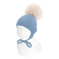Gorro mezcla Merino con orejeras y borla de pelo AZUL AIRE 944 TXS