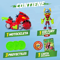 Moto Fighter Kid Fury Superthings. Dos modos de ataque. Carga el disco en la lanzadera y ataca.